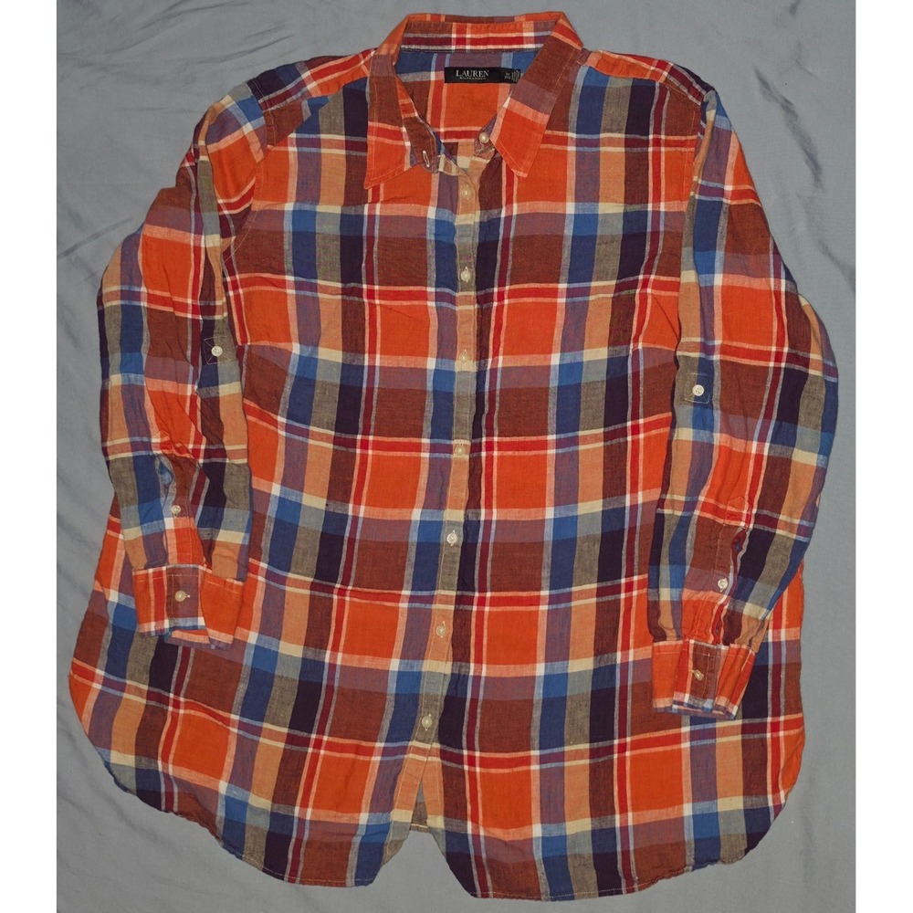 Lauren Ralph Lauren Button Up Shirt Men's 3X Linen Plaid Orange Blue